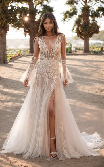 Modern Sexy Bohemian A-Line Lace Wedding Dress Stunning Romantic Long Bell Sleeve Fall Plunging Neckline Split Front Bridal Gown