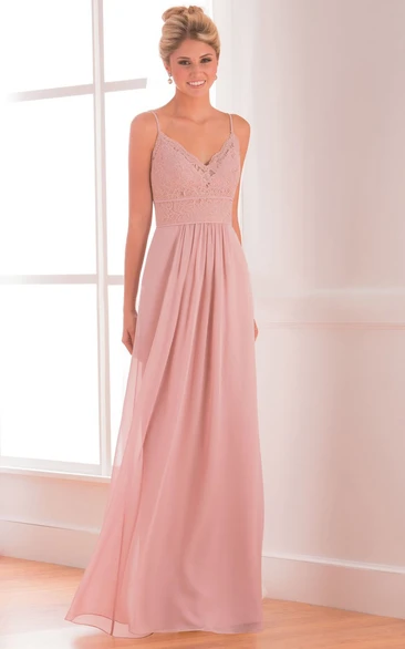 V-Neck Sleeveless A-Line Bridesmaid Dress With Lace Bodice And Spaghetti Straps