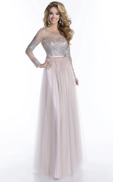 Sequined Bodice A-Line Tulle Prom Dress With Keyhole Back And Long Sleeve