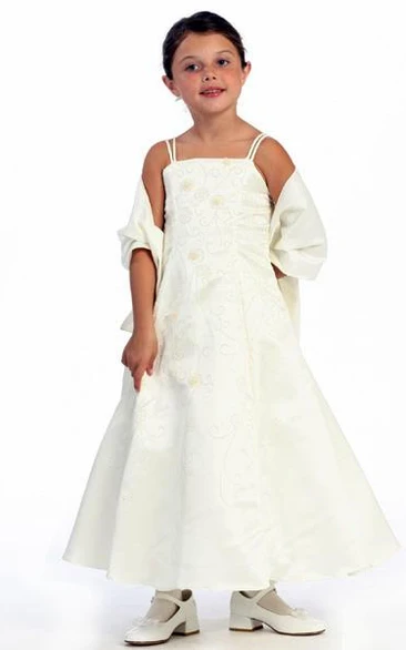 Ankle-Length Floral Beaded Floral Sequins&Satin Flower Girl Dress With Straps