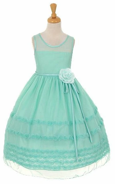 Embroideried Tea-Length Tiered Floral Flower Girl Dress With Sash