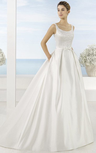 Square Maxi Beaded Satin Wedding Dress With Sweep Train And V Back