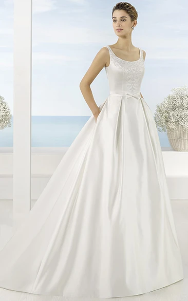 Square Maxi Beaded Satin Wedding Dress With Sweep Train And V Back