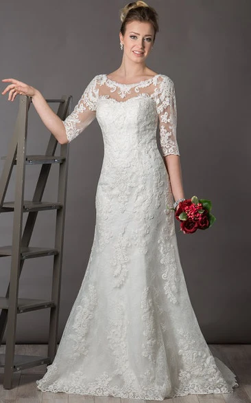 Scoop Neck V Back Lace Bridal Gown With Illusion Half Sleeve