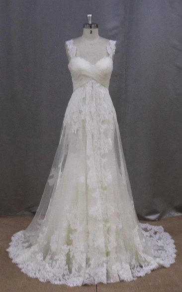 Long Sleeveless A-Line Lace Wedding Dress With Empire Waist