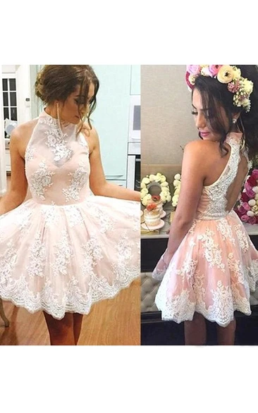 A-line Ball Gown Short Mini Sleeveless High Neck Pleats Ruching Lace Homecoming Dress