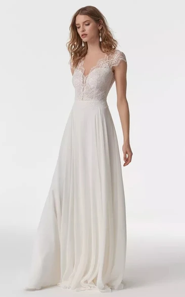 Casual Chiffon Long Sleeve Illusion A Line Cap Wedding Dress with Lace