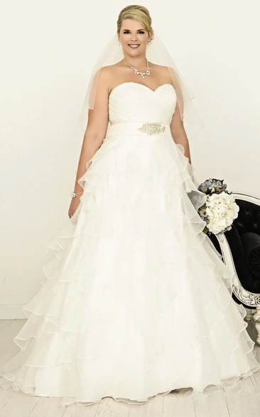 A-Line Ruffled Sweetheart Floor-Length Organza Plus Size Wedding Dress With Criss Cross And Tiers