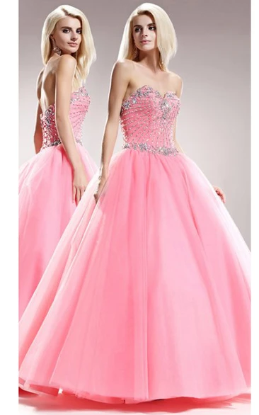 Ball Gown Sweetheart Sleeveless Tulle Satin Backless Dress With Beading