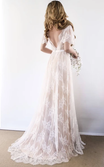 A-line V-neck Bohemian Beach Rustic Gorgeous Lace Trailing Wedding Dress Bell Illusion with Petals