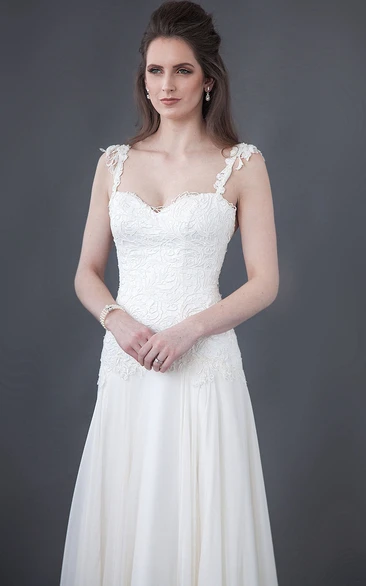 A-Line Long Sleeveless Pleated Spaghetti Lace&Chiffon Wedding Dress With Low-V Back And Brush Train