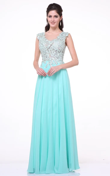 A-Line Scoop-Neck Sleeveless Chiffon Dress With Appliques And Pleats
