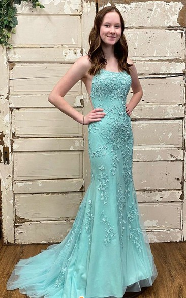Spaghetti Simple Mermaid Lace Formal Dress With Open Back And Appliques
