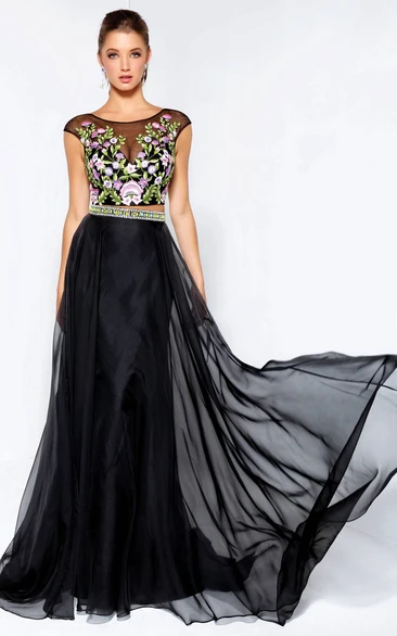 A-Line Maxi Scoop-Neck Cap-Sleeve Low-V Back Dress With Embroidery And Beading