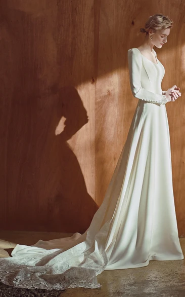 Simple V-neck A Line Satin Long Sleeve Court Train Wedding Dress