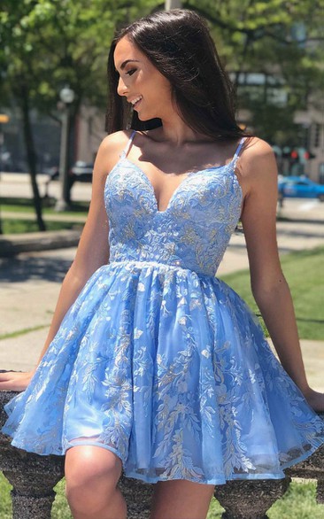 Casual A Line Spaghetti Lace Homecoming Dress With Appliques And Open Back
