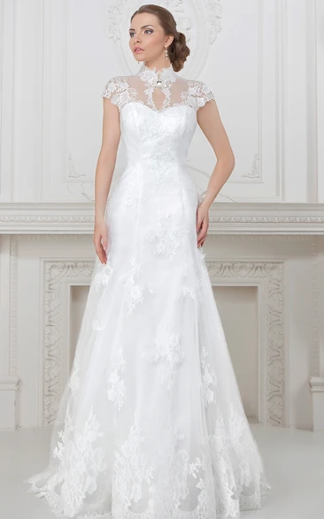 Lace High Neck Sheath Wedding Dress With Cap Sleeves