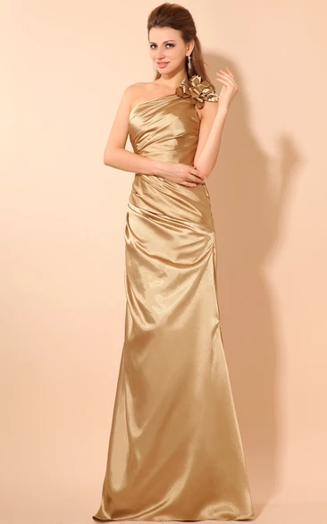 One-Shoulder Sleeveless Taffeta Evening Dress With Ruching And Flower