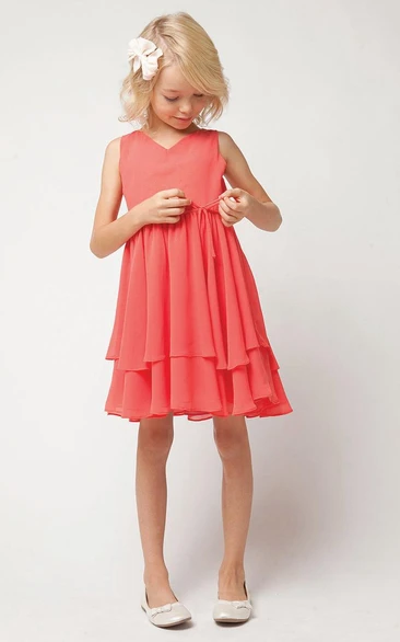 Straps Pleated Tiered Chiffon Flower Girl Dress With Sash