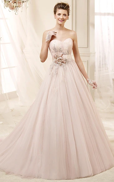 Angel Sweetheart Beaded Draping Dress with Flower Sash and Beaded Appliques