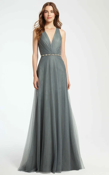 A-Line Maxi Ruched Sleeveless V-Neck Tulle Bridesmaid Dress With Waist Jewellery