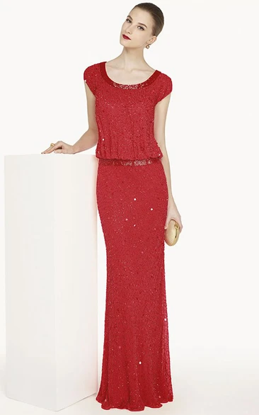 Scoop Neck Cap Sleeve Sheath Beading Prom Dress With Sequins And Cowl Back