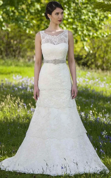 A-Line Jeweled Scoop-Neck Floor-Length Sleeveless Lace Wedding Dress With Appliques And Tiers