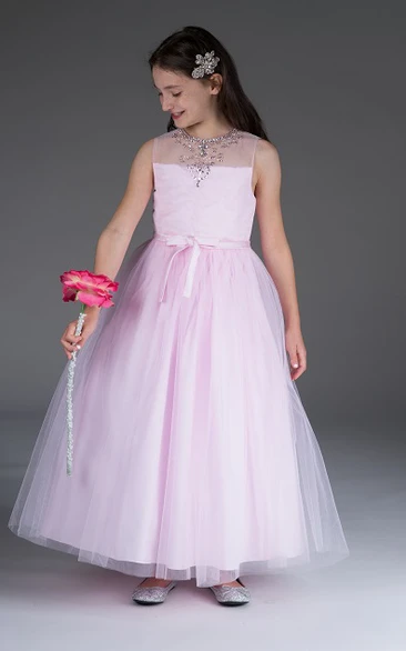 Flower Girl Beading Neck Tulle Ball Gown With Bow Sash And Sequins
