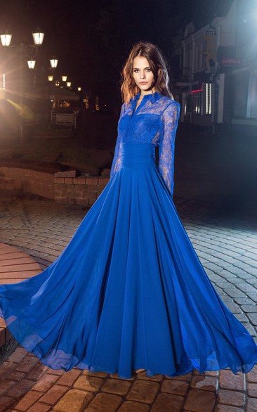 A-Line High Neck Long Sleeve Tulle Lace Illusion Dress With Pleats
