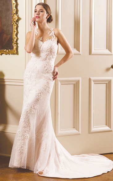 Sheath Sleeveless Appliqued Floor-Length Lace Wedding Dress With Illusion Back And Court Train