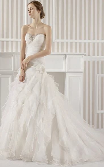A-Line Maxi Sweetheart Beaded Organza Wedding Dress With Criss Cross And Flower