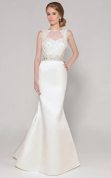 High Neck Long Appliqued Jeweled Satin Wedding Dress With Sweep Train And Illusion