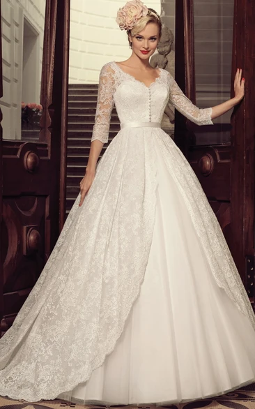 Ethereal Lace Ball Gown Floor-length Half Sleeve Scalloped Wedding Dress with Ruching