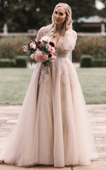 Romantic V-neck A Line Lace Long Sleeve Brush Train Wedding Dress with Appliques