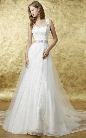 Long Straps Appliqued Tulle Wedding Dress With Waist Jewellery And Illusion