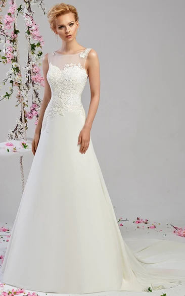 A-Line Bateau-Neck Appliqued Sleeveless Long Chiffon&Satin Wedding Dress