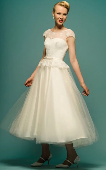 A-Line Tea-Length Appliqued Scoop Neck Cap Sleeve Tulle Wedding Dress