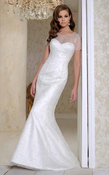 Long Scoop Short-Sleeve Beaded Satin Wedding Dress With Court Train And V Back