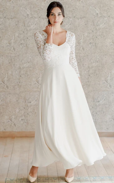 Casual Chiffon A Line Ankle-length 3/4 Length Sleeve Queen Anne Wedding Dress
