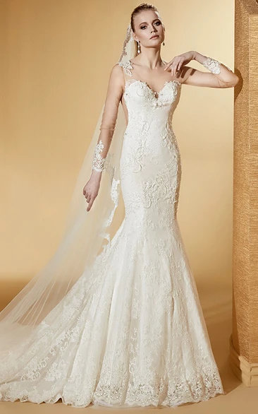 Elegant Long-Sleeve Mermaid Lace Gown With Illusive Design And Court Train