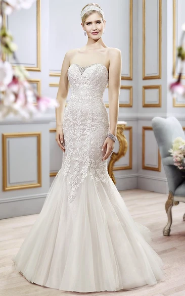 Trumpet Beaded Floor-Length Sweetheart Tulle Wedding Dress With Appliques And V Back