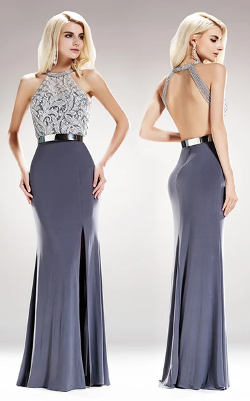 Sheath Jewel-Neck Sleeveless Jersey Backless Dress With Beading And Appliques