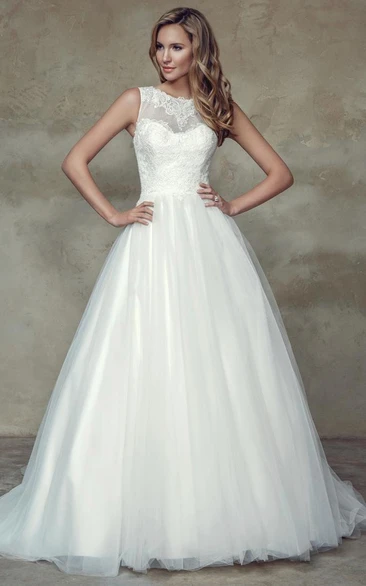 A-Line Ball-Gown Floor-Length Sleeveless Appliqued Scoop Lace&Satin Wedding Dress With Court Train And Illusion Back