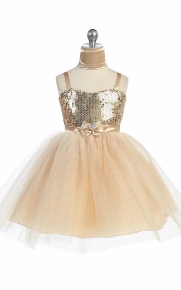 Midi Cape Beaded Tiered Tulle&Sequins Flower Girl Dress With Ribbon