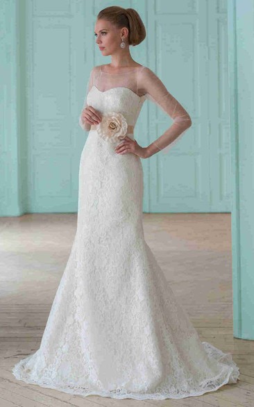 Sheath Illusion-Sleeve Floor-Length Scoop-Neck Lace Wedding Dress With Flower And Illusion