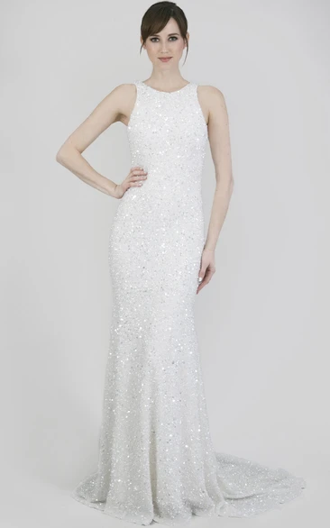 Sheath Floor-Length Sleeveless Beaded Jewel Sequins Wedding Dress With Deep-V Back And Sweep Train