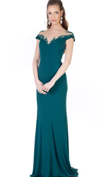 Sheath Beaded Jewel-Neck Cap-Sleeve Long Jersey Evening Dress