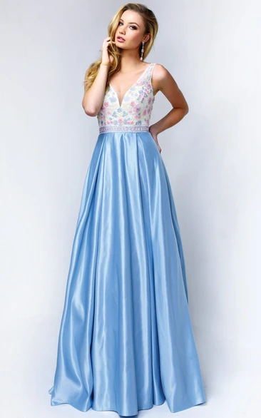 A-Line Maxi V-Neck Sleeveless Satin Low-V Back Dress With Appliques And Pleats