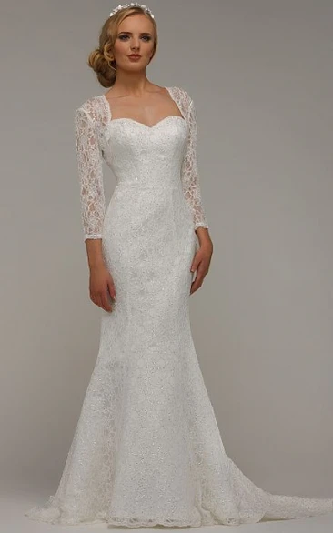 Long Sweetheart Beaded Long-Sleeve Lace Wedding Dress