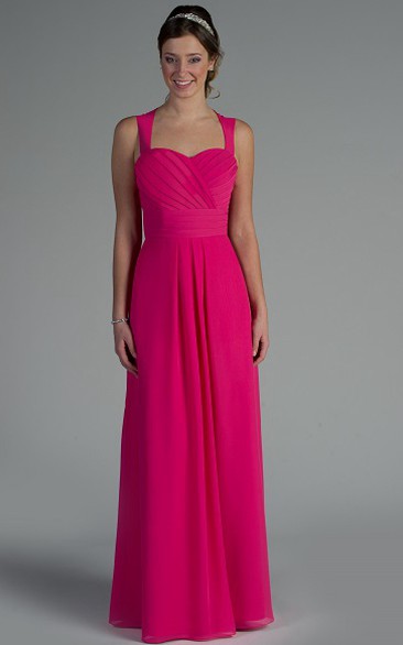 Pleated Sweetheart Chiffon Long Bridesmaid Dress With Bandage And Straps